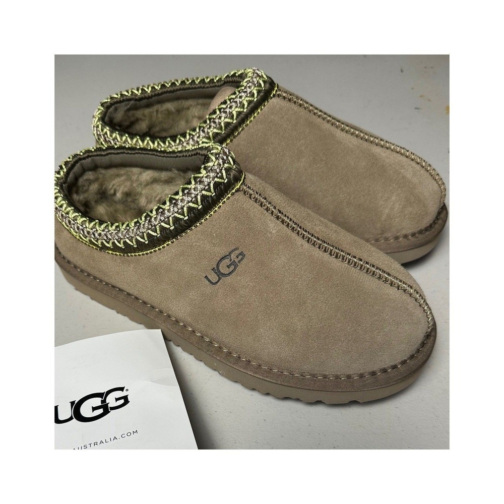 UGG Women Tasman Slipper Size 7 Chestnut Green Trim Suede Shearling Mules Clog